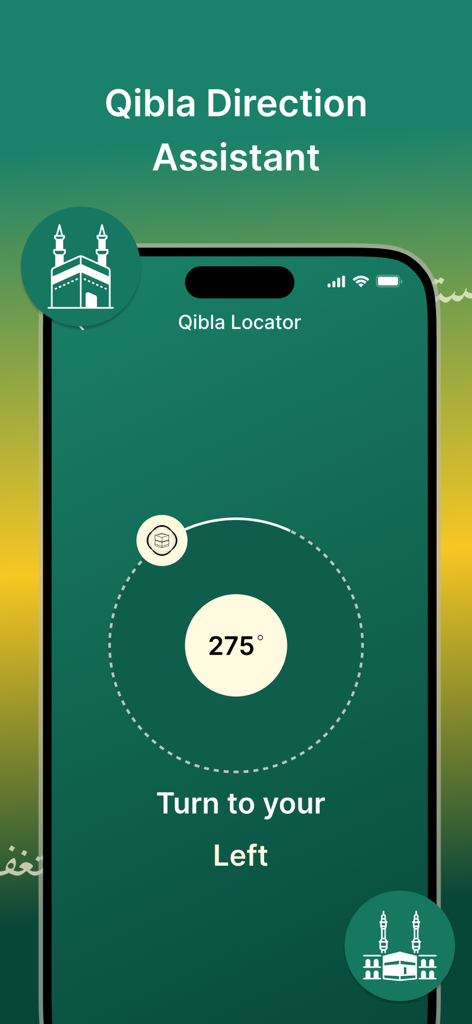 Taqwa Track app Qibla locator interface showing direction to the Kaaba with a digital compass