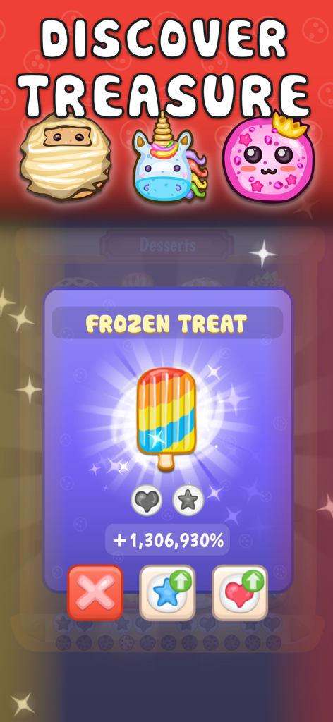 Cookies Inc. - Idle Tycoon - Pantalla del juego Cookies Inc. que muestra una mejora de postre helado y galletas especiales.