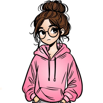 teen girl with a messy bun and glasses wearing a loose hoodie and jeans