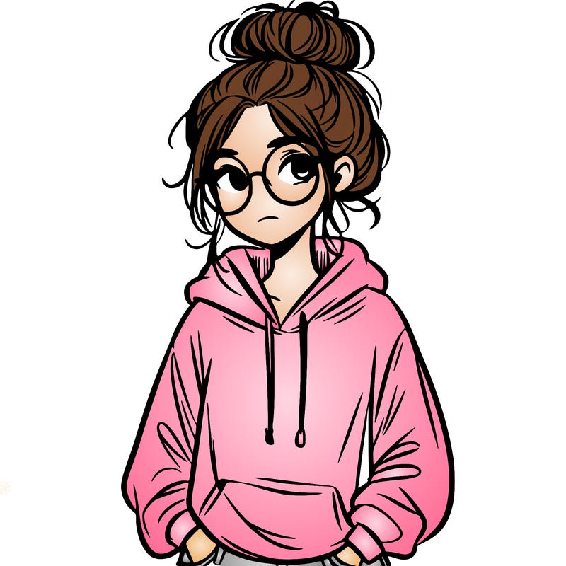 teen girl with a messy bun and glasses wearing a loose hoodie and jeans