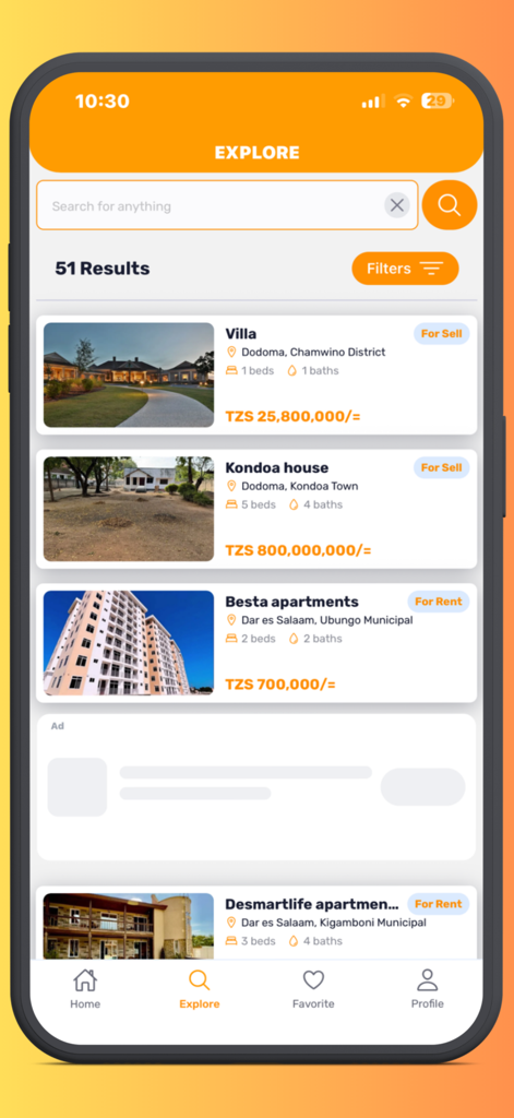 Dalali Connect - Explore screen of Dalali Connect app showing property search results for houses and apartments