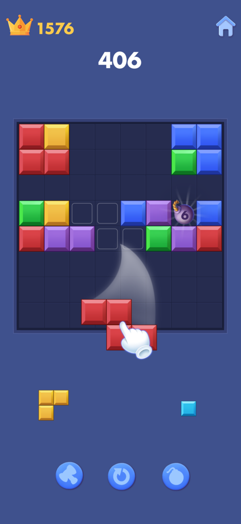 Una mano arrastrando un bloque rojo a una cuadrícula en un colorido juego de puzzle de bloques