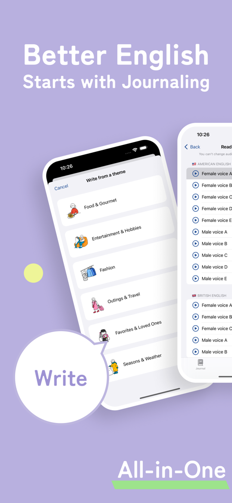 Lingualog - AI English Diary - Screenshot of Lingualog app displaying diverse writing themes and a menu of American and British AI voices for language practice.