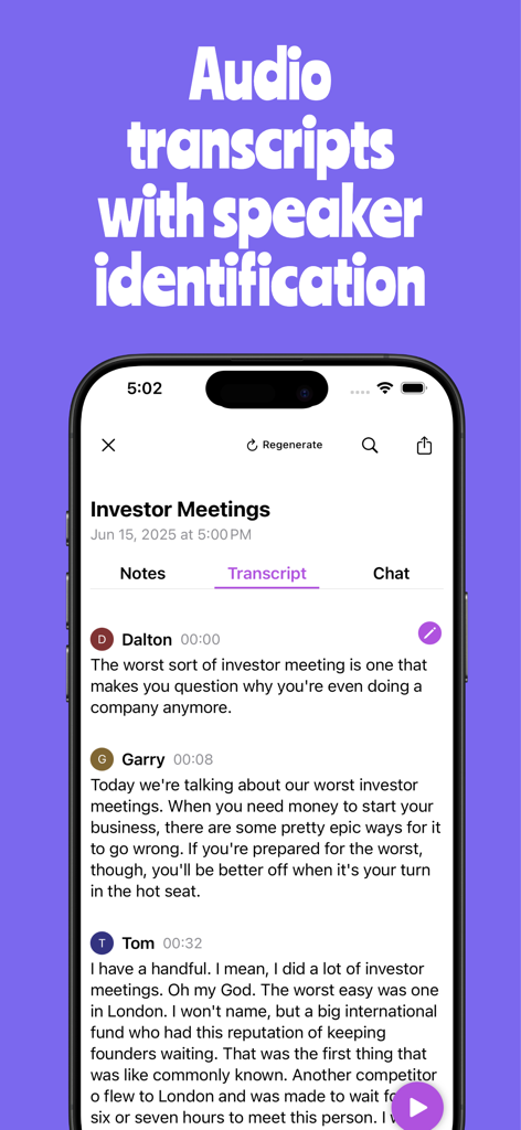 Wisp AI Note Taker - A smartphone showing the Wisp AI Note Taker app with a transcript of an investor meeting including speaker names like Dalton, Garry, and Tom.