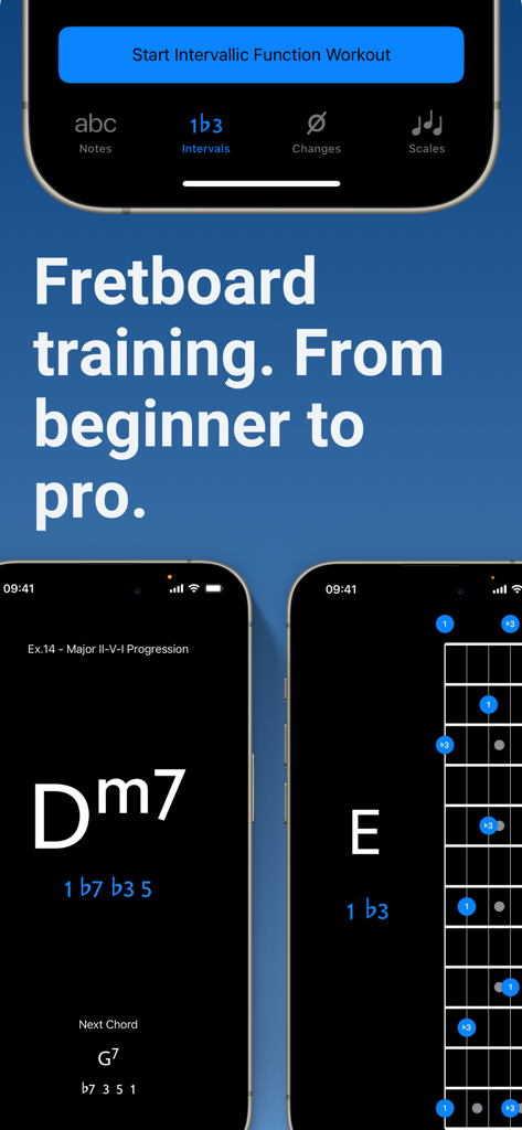 Solo - Fretboard Visualization - Solo app interface showing guitar fretboard training and music theory exercises from beginner to pro levels