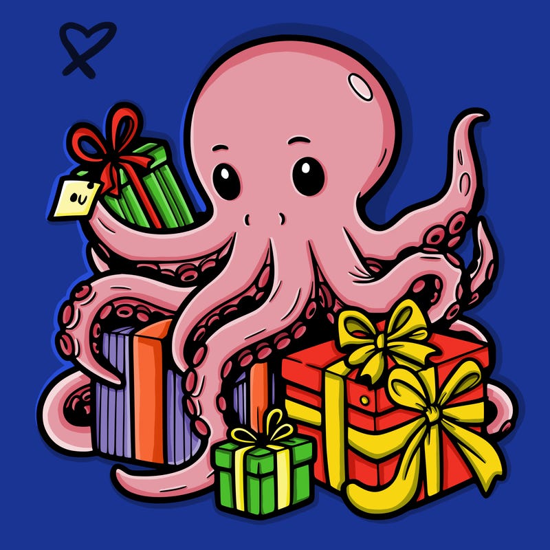 an octopus wrapping gifts