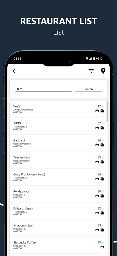Lunch-Check - Interface of the Lunch-Check app showing a list of nearby restaurants and acceptance points in Zurich.