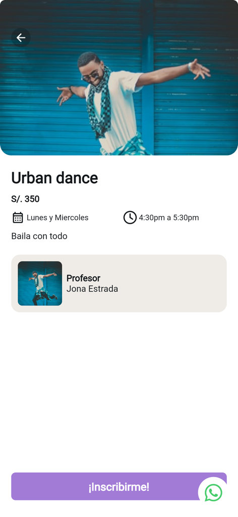 REBORN by Dance Studio Peru - Urban dance class screen with schedule price and instructor details in the REBORN app