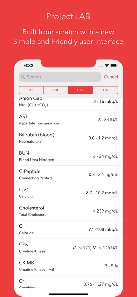 Project LAB - Project LAB app interface displaying a list of medical lab tests and their reference ranges