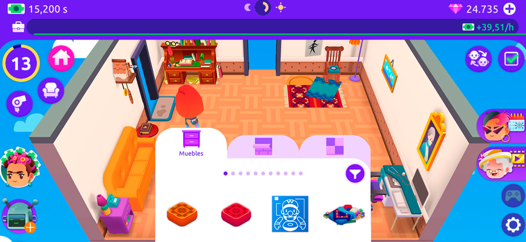 Idle Life Sim - Simulator Game - Un écran de décoration de pièce dans Idle Life Sim montrant des options de meubles et de design d'intérieur