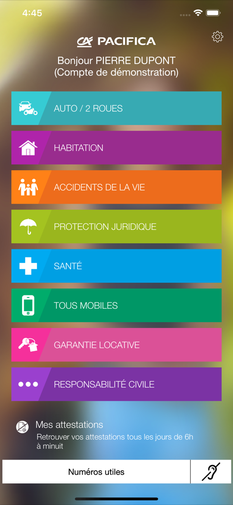 Mes Assurances app home screen showing various insurance categories like auto home and health