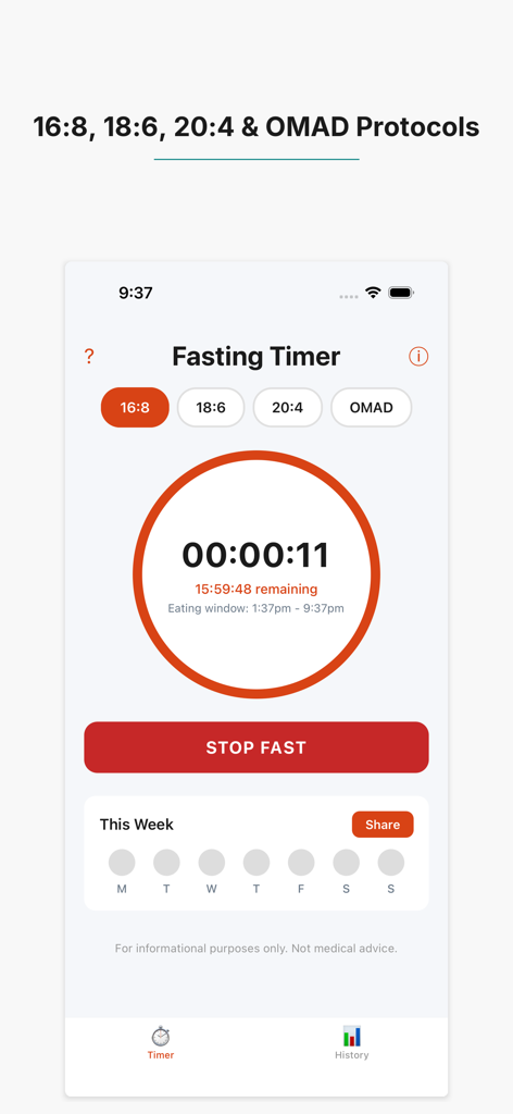 My Fasting Timer app interface showing 16-8, 18-6, 20-4, and OMAD protocols with an active countdown timer.