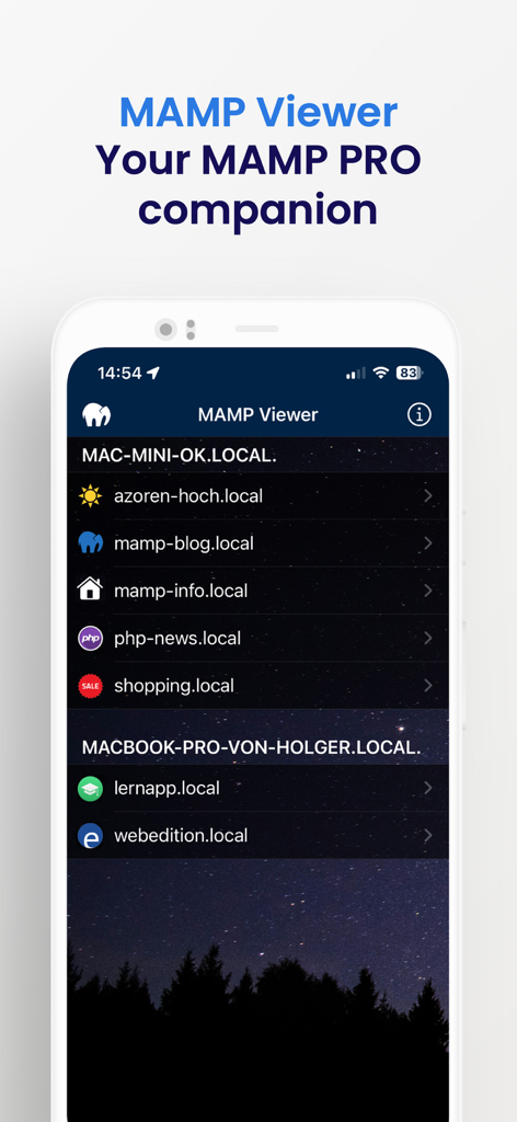 MAMP Viewer - La aplicación MAMP Viewer mostrando una lista de sitios web de desarrollo local disponibles para pruebas móviles