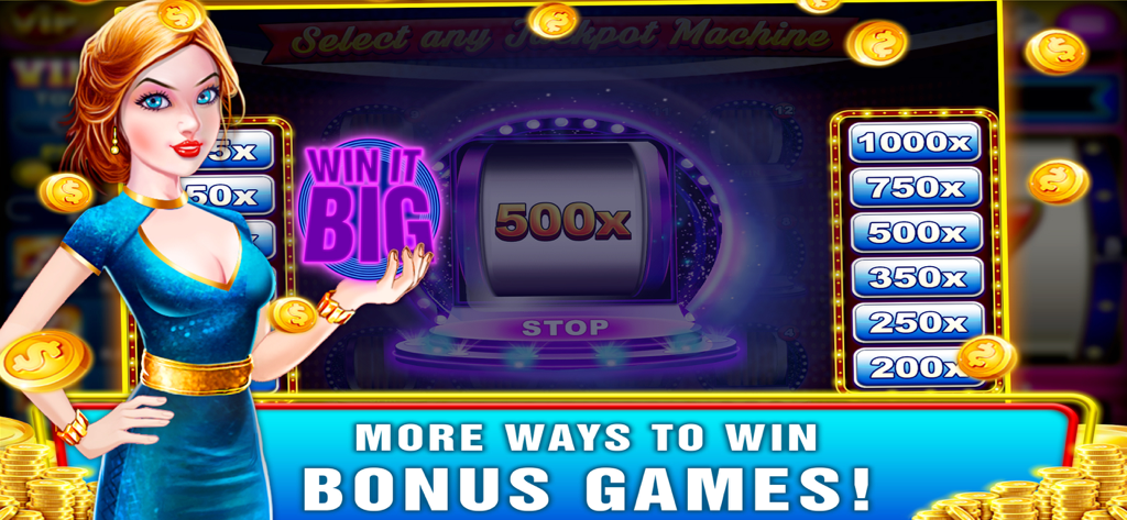 ビンテージスロットラスベガスのボーナスゲーム画面。大きな勝利乗数と金貨が表示されています