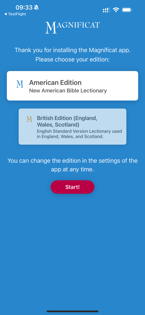Pantalla de bienvenida de la aplicación Magnificat para seleccionar entre ediciones de inglés americano y británico.
