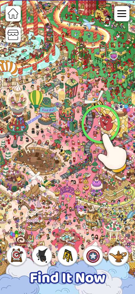 Gameplay de Objetos Escondidos Encontre apresentando um mapa de caça ao tesouro temático de doce colorido