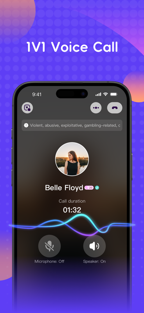 Interface of a one-on-one voice call on the Laka app featuring a user profile and audio wave