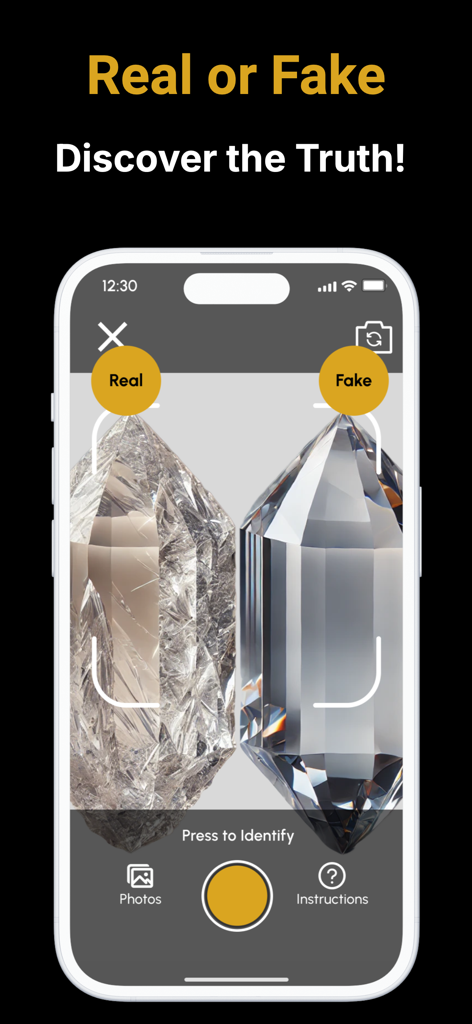 Stone Gem & Crystal Identifier - Authenticity check feature in the crystal identifier app comparing a real gemstone and a fake one