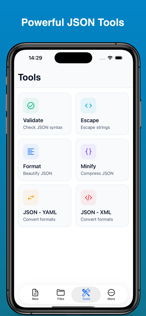 Une interface mobile affichant divers outils utilitaires JSON tels que valider, formater, minify et convertir le format.