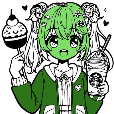 anime girl with a starbucks drink and cake pop