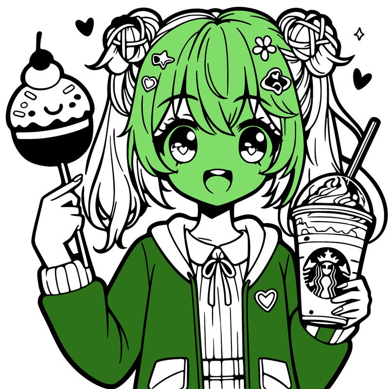 anime girl with a starbucks drink and cake pop