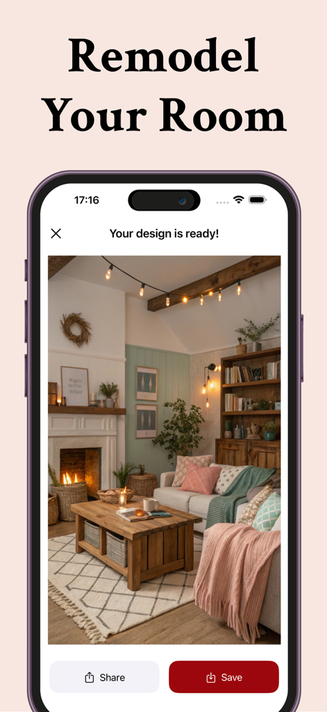 Uma tela de smartphone mostrando uma reforma de sala de estar aconchegante gerada por IA com móveis rústicos