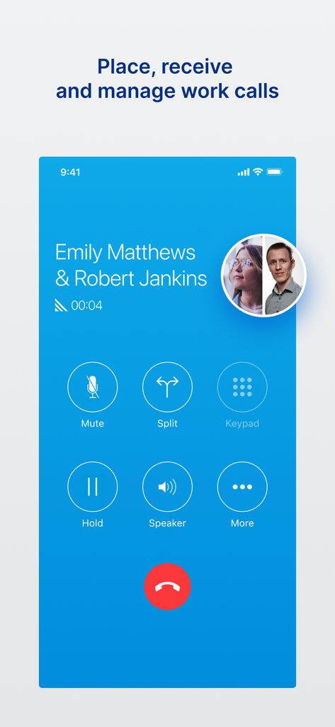 UNIVERGE BLUE™ CONNECT - A screenshot of the UNIVERGE BLUE CONNECT mobile app showing an active business call with options for mute, hold, and speaker.