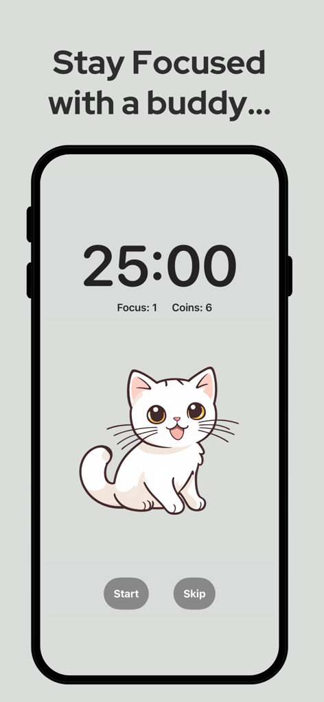 Study Cat - A 25-minute Pomodoro timer in the Study Cat app featuring a cute white kitten mascot.