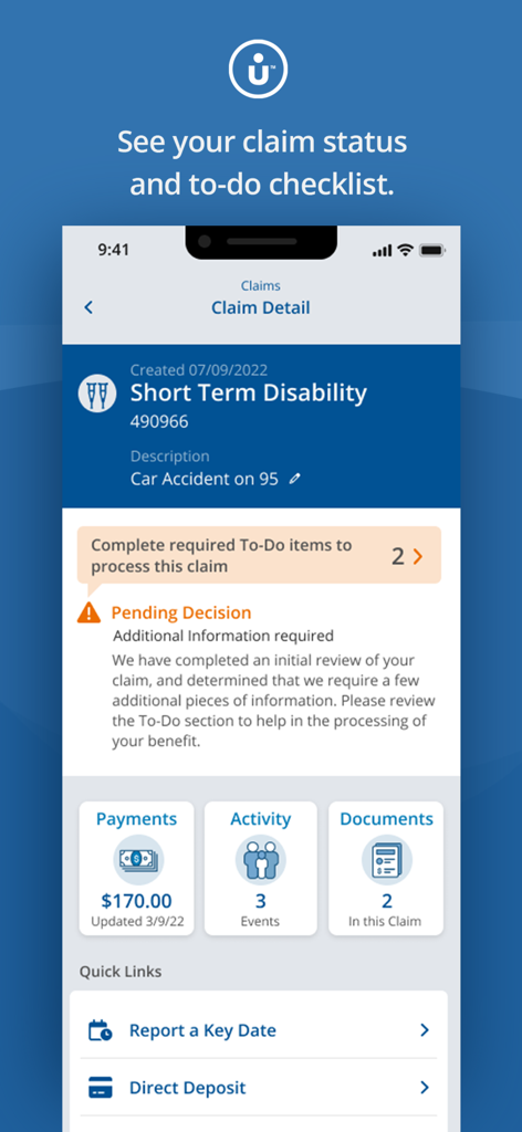 MyUnum for Members - MyUnum app dashboard showing short term disability claim detail and to-do checklist.