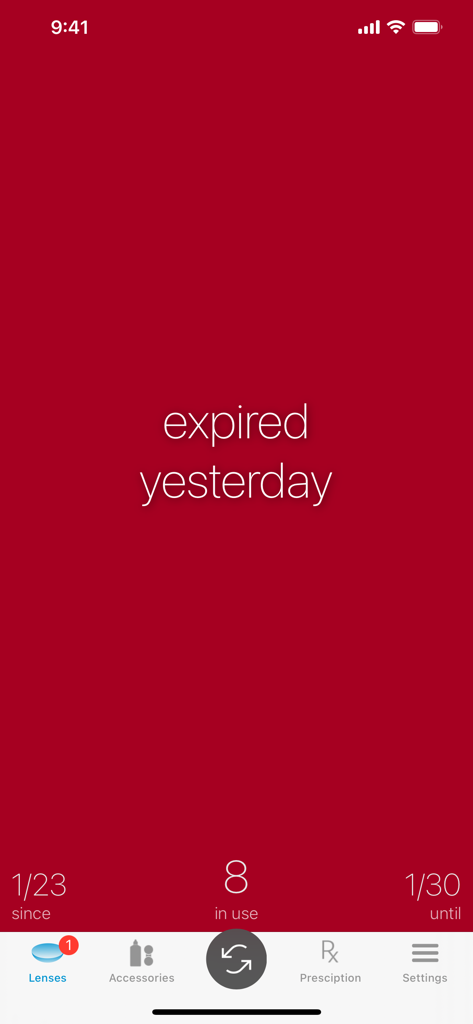 Benutzeroberfläche der Kontaktlinsen Tracker App mit einem roten Warnbildschirm und dem Text 'gestern abgelaufen', um den Benutzer an den Linsenwechsel zu erinnern