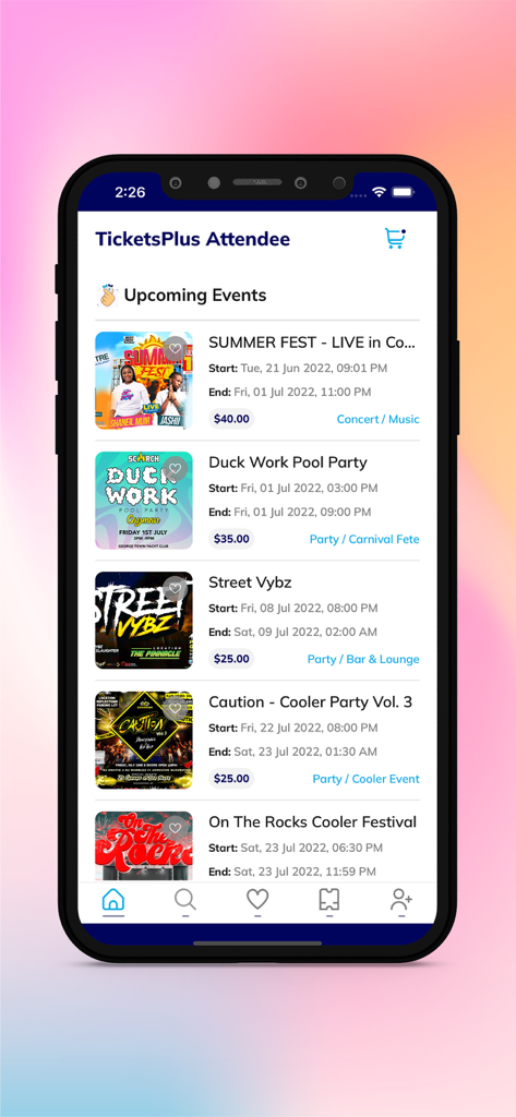 TicketsPlus Attendee mobile app screen showcasing upcoming live events in the Cayman Islands