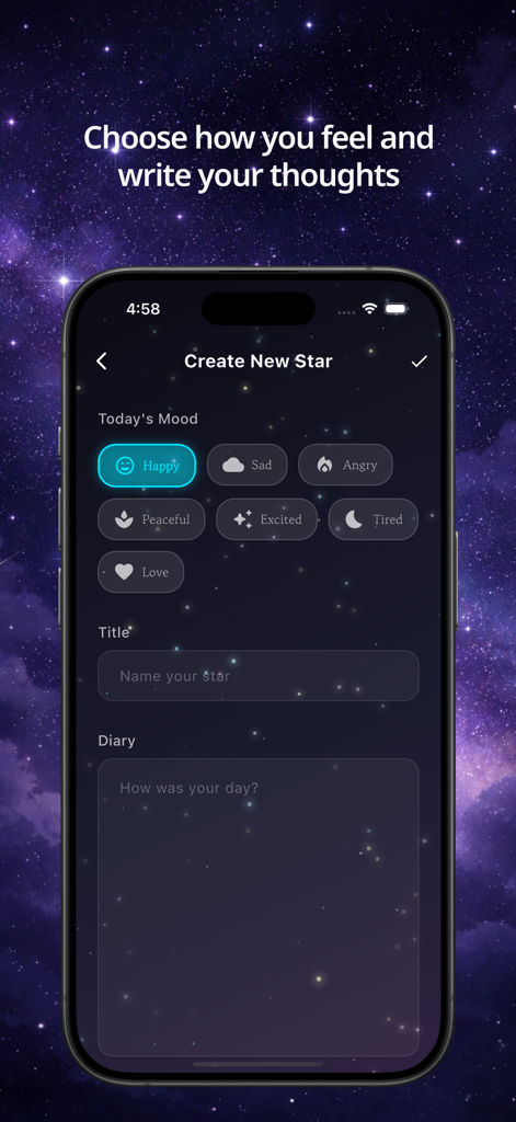Star Diary -  Stella Notes - Create New Star screen in Star Diary app featuring mood selection buttons and a dark cosmic theme for nightly journaling.