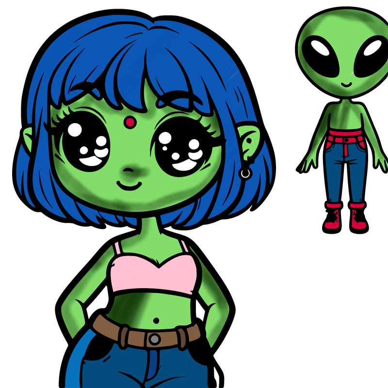 cute alien girl with a crop top and jeans