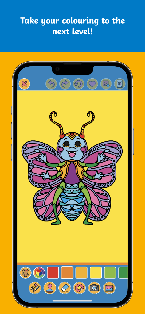 Twinkl ARt Studio - Interface of Twinkl ARt Studio app showing a butterfly drawing and digital coloring tools