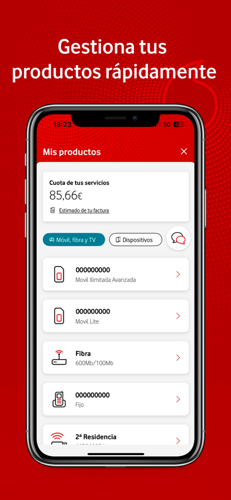 Interfaz de la app Mi Vodafone mostrando la sección Mis Productos con información sobre líneas móviles, internet de fibra y facturación