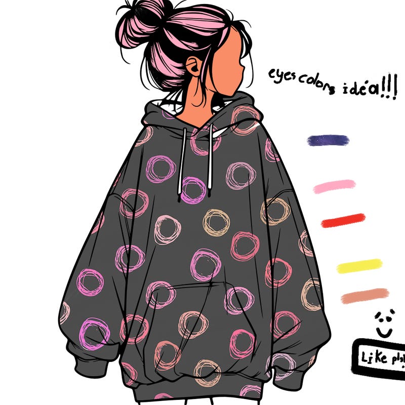 realistic girl with a oversized sweatshirt on and a bun