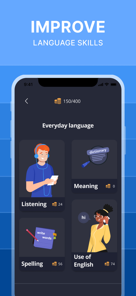 Learn English A1-C1: 2Shine - Interfaz de la aplicación de aprendizaje de inglés 2Shine mostrando categorías para significado de escucha, ortografía y uso del inglés