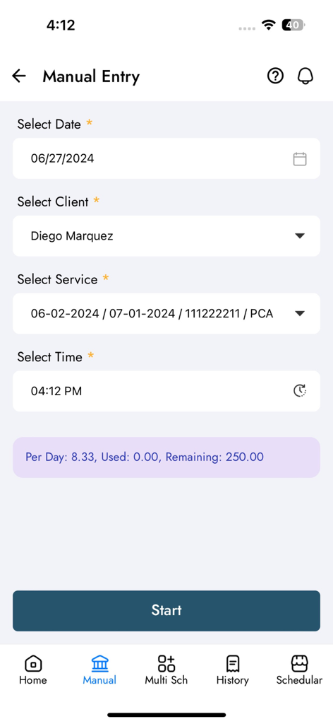 RevivingCare EVV - Manual visit entry interface in the RevivingCare EVV app with fields to select date client service and time