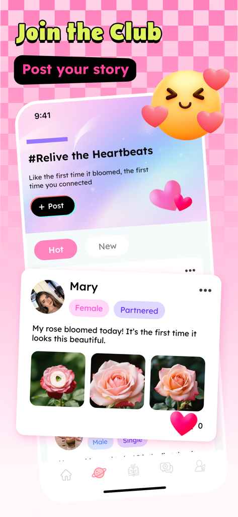 Interface of Haysi app showing a social community feed where users share stories about their plant-inspired AI companions