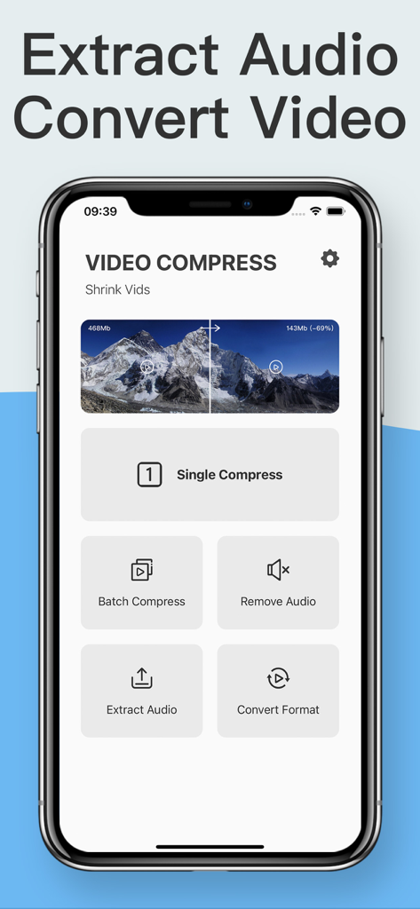 Video Compressor : Converter - Main menu of the Video Compressor app showing tools for single and batch compression audio extraction and format conversion