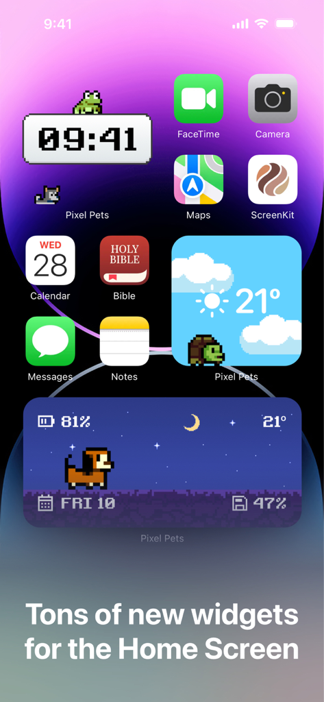 Pixel Pets - Cute, Widget, App - An iPhone home screen showing multiple pixel art pet widgets including a dog, cat, frog, and turtle.