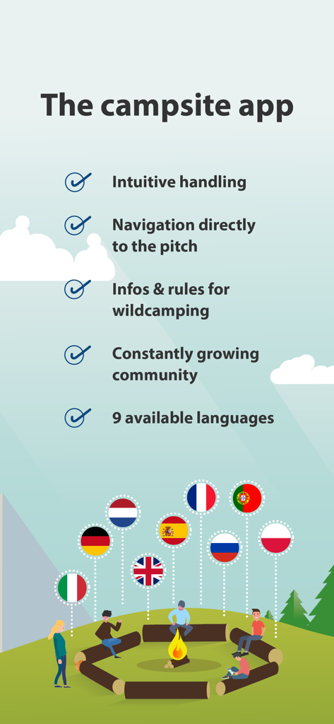 Caravanya - Features of the Caravanya campsite app including wild camping rules and a global community illustration