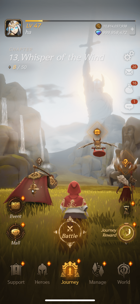 SOULS - Main menu of SOULS mobile game showing a character in a red cloak standing in a field with a giant statue in the background