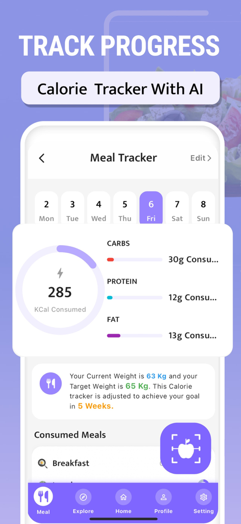Flat Stomach Workout - 30 Days - Interfaz de aplicación móvil de un rastreador de comidas con conteo de calorías con IA y seguimiento de macros para la pérdida de peso.