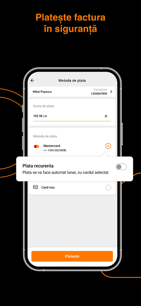 Secure bill payment interface in the My Orange Romania app with recurring payment options