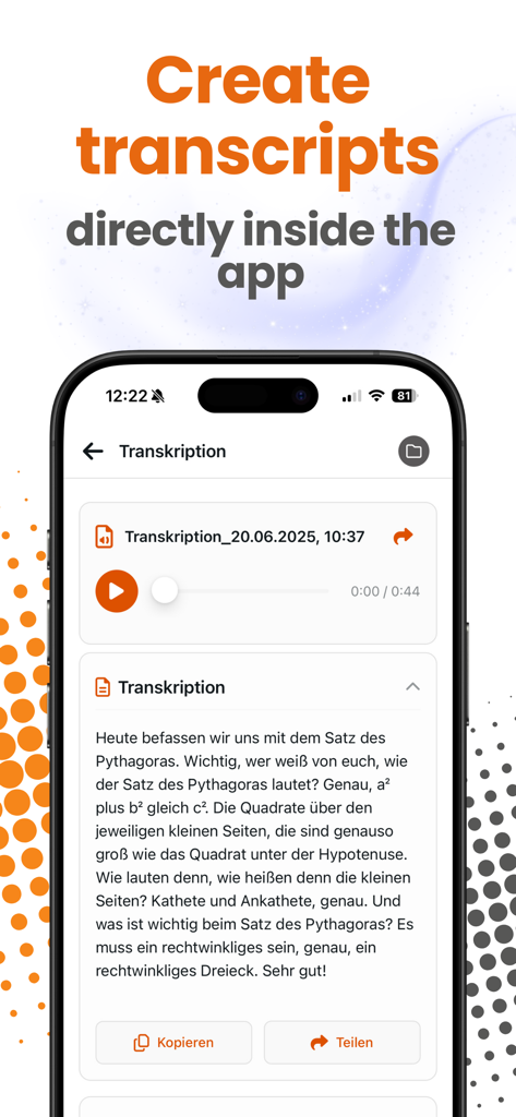 Studeez - Studeez mobile app interface showing a lecture transcription with an audio player and text.