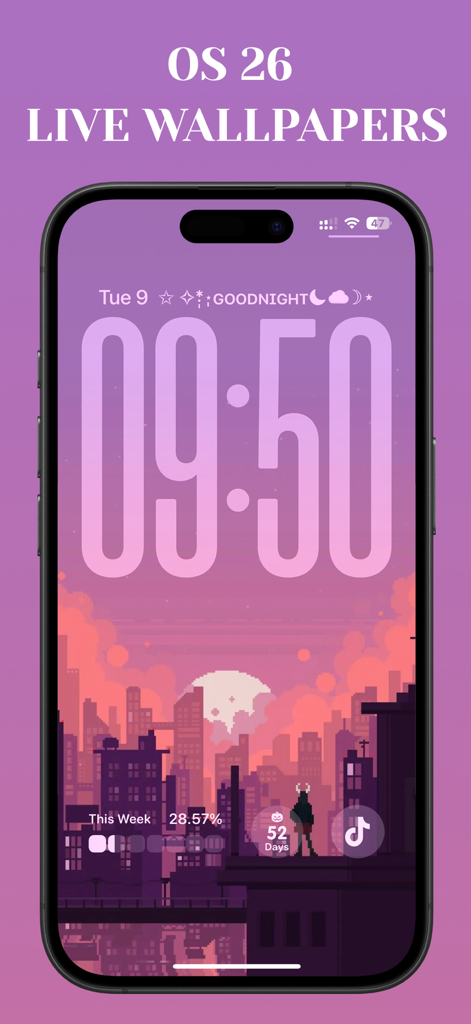 LockWidget - LockScreen Themes - iPhone lock screen featuring a purple pixel art city wallpaper and custom widgets