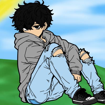a male hoddie ripped jeans messy hair anime