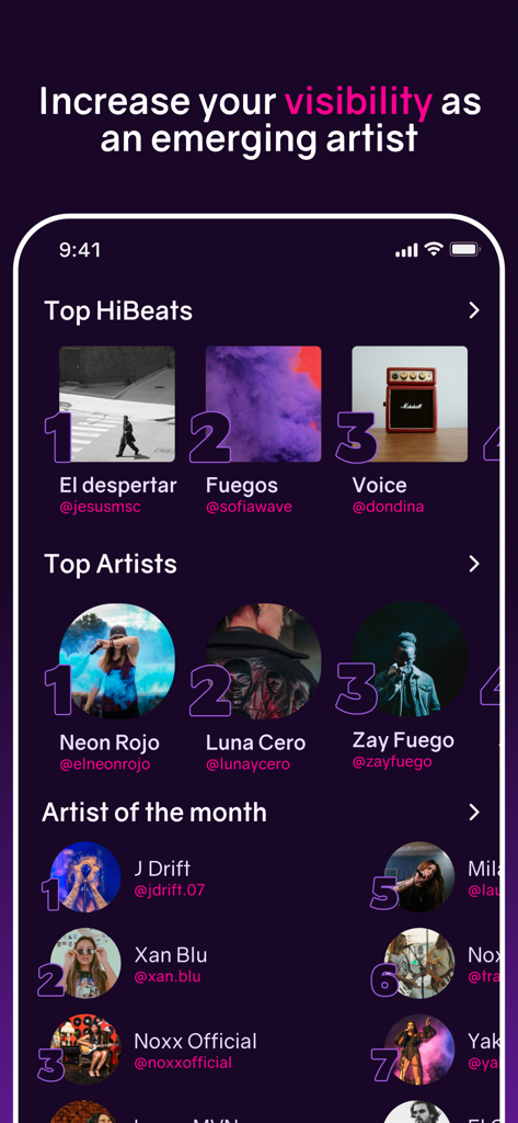 HiBeats - HiBeats app screen displaying Top Artists and Top Songs rankings for music industry visibility