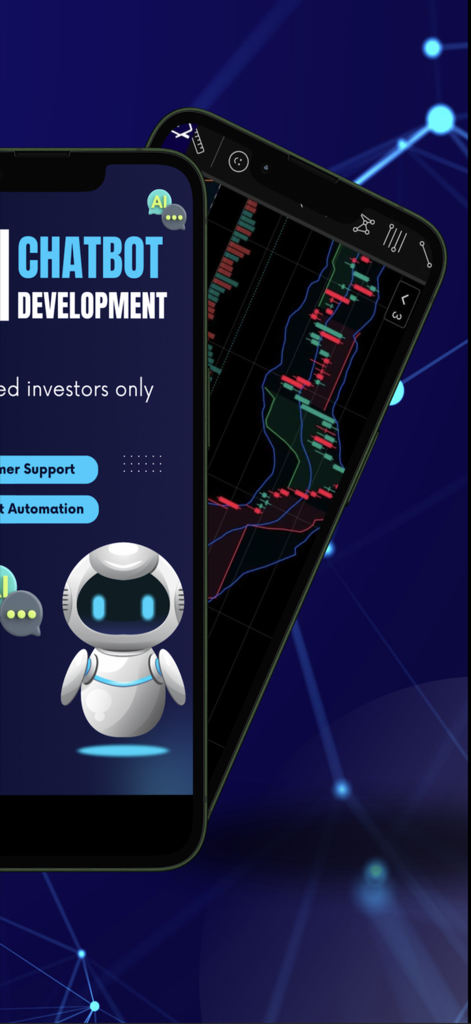 Trading EF - Two smartphones displaying an AI chatbot interface for customer support and a technical stock market chart with candlesticks